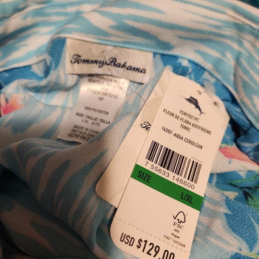 Tommy Bahama Ladies Sz L/XL Aqua Fleur De Flora Boyfriend Button Down Tunic - Picture 7 of 7